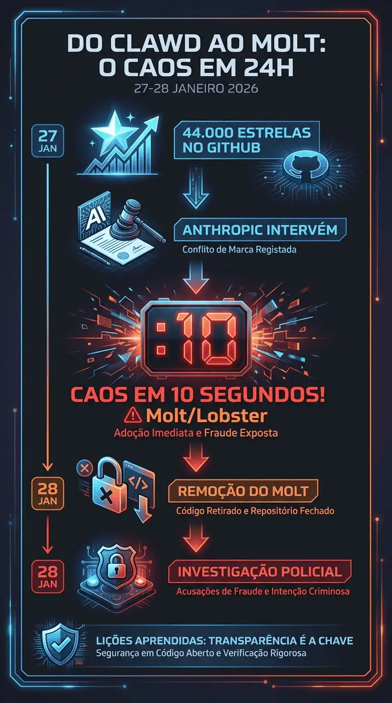 Infográfico do Clawd Bot ao Molt Bot em 24 horas. Uma revolução em IA