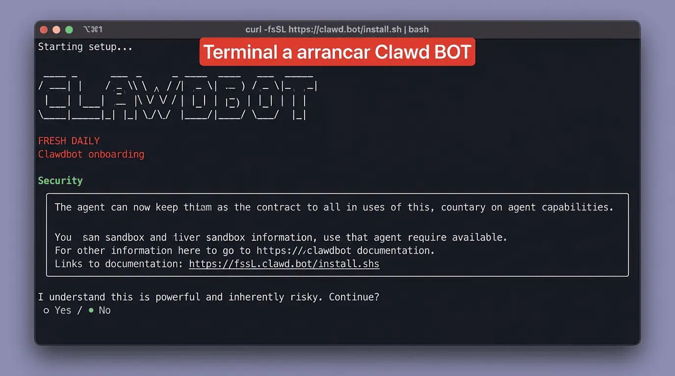 Terminal a arrancar o Molt Bot, o antigo Clawd Bot